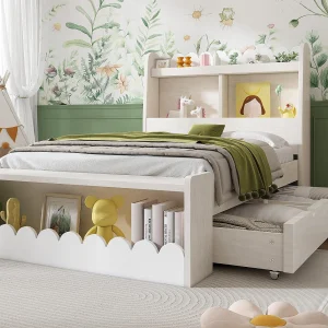 Eenpersoons houten bed 90x200cm – met 2 lades en planken – Wit (matras niet inbegrepen) Eenpersoons houten bed 90x200cm – met 2 lades en planken – Wit (matras niet inbegrepen)