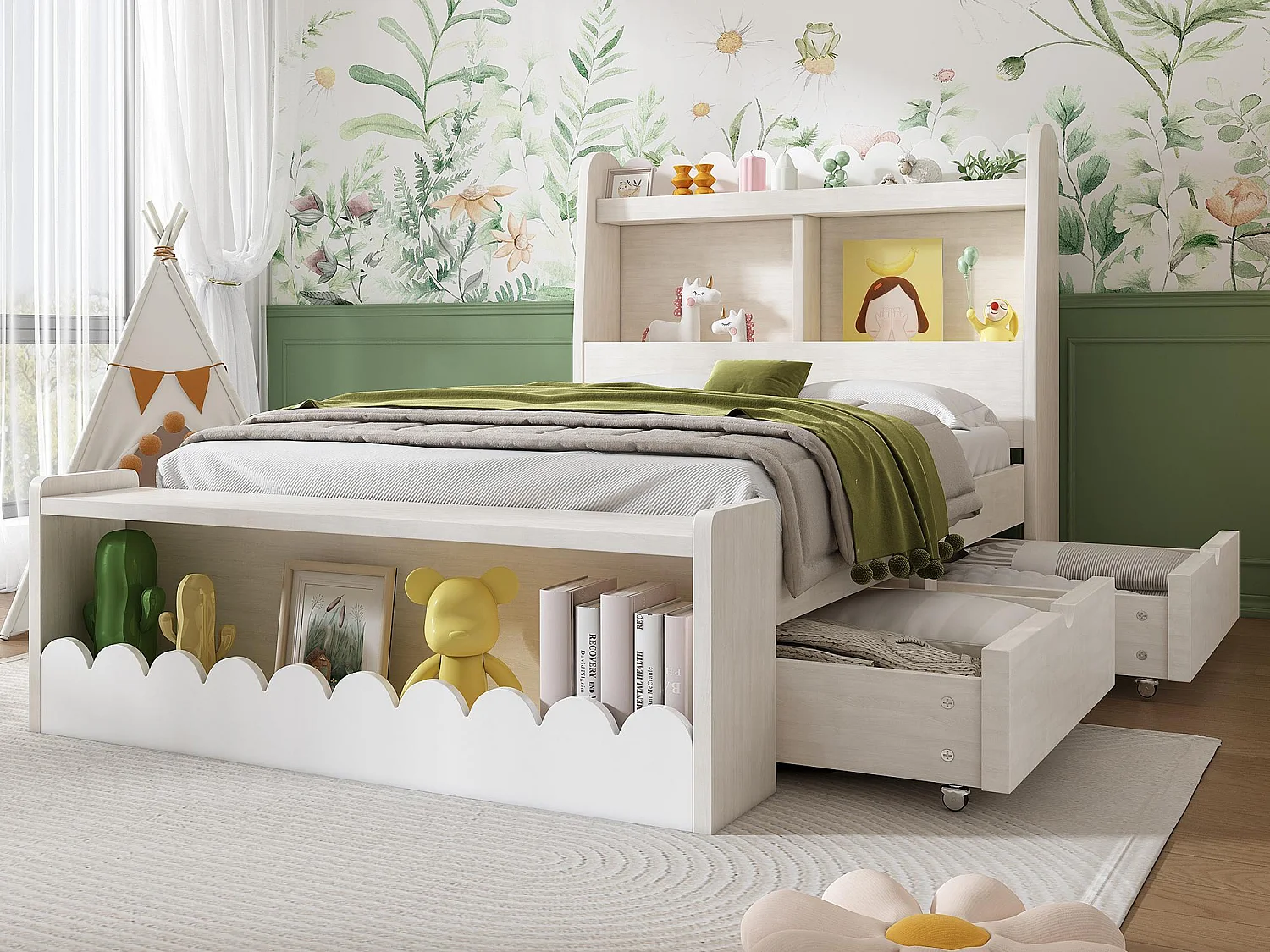 Eenpersoons houten bed 90x200cm - met 2 lades en planken - Wit (matras niet inbegrepen)