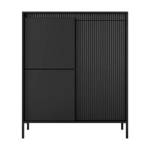 Dressoir SENSO 3-deurs hoog zwart 103,5×123,4×39,5 cm – modern design, geribbelde MDF-front, push-to-open, metalen poten, veel opbergruimte