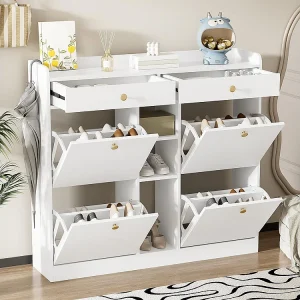 Elegante witte schoenenkast met 4 klapdeuren 2 lades en 3 open vakken in wit Elegante witte schoenenkast met 4 klapdeuren 2 lades en 3 open vakken in wit