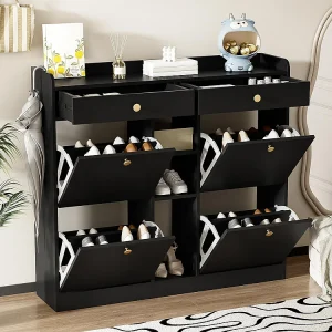 Elegante schoenenkast wit 4 klapdeuren 2 lades 3 open vakken zwart Elegante schoenenkast wit 4 klapdeuren 2 lades 3 open vakken zwart