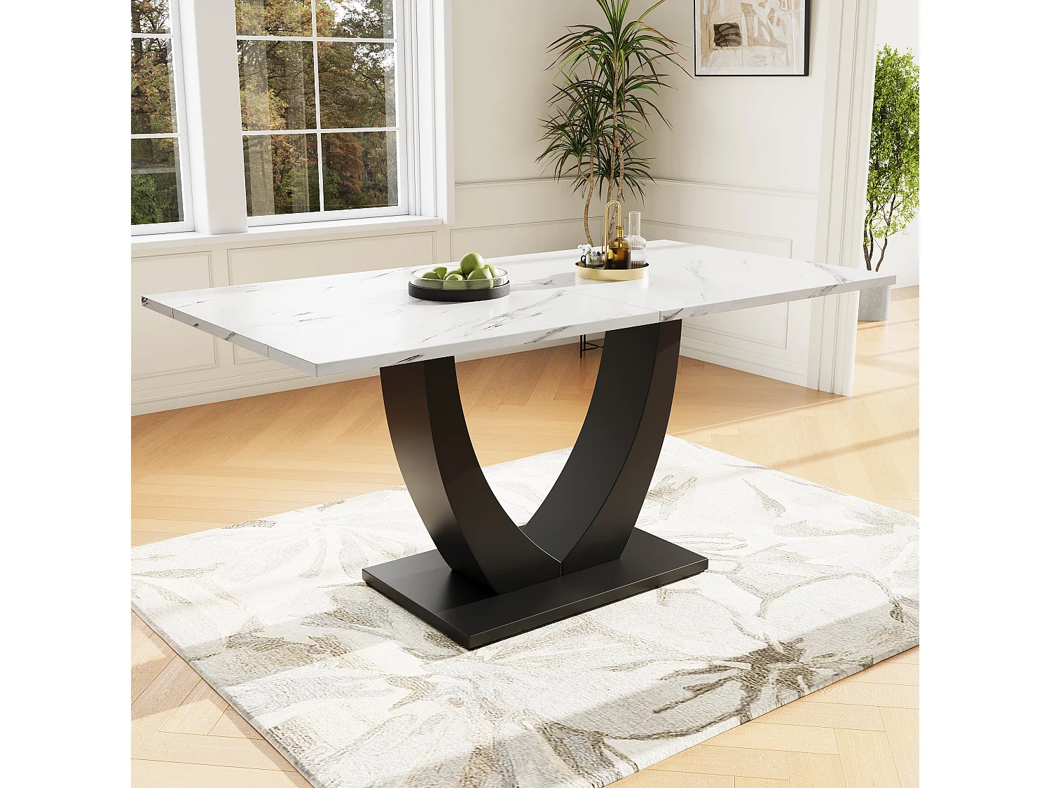 Eettafel voor 4/6 personen - 140 x 75 x 75,5 cm - MDF + Metalen poten - Marmereffect - Wit + zwart
