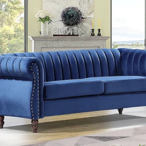 Driezitsbank chesterfield in koningsblauw fluweel TRUMBO – Koop nu goedkoop online