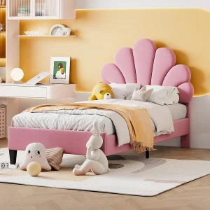 Eenpersoonsbed 90×200 cm – Kinderbed met bloemvormig hoofdbord en lattenbodem – roze fluweel