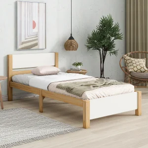 Eenpersoonsbed volwassenen 90×200 cm, frame van grenenhout + MDF, wit + naturel, zonder matras Eenpersoonsbed volwassenen 90×200 cm, frame van grenenhout + MDF, wit + naturel, zonder matras