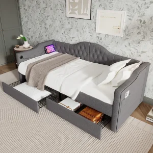 Eenpersoonsbed 90×190 cm – Kinderbed met USB-oplader en 2 lades – grijs linnen – zonder matras Eenpersoonsbed 90×190 cm – Kinderbed met USB-oplader en 2 lades – grijs linnen – zonder matras