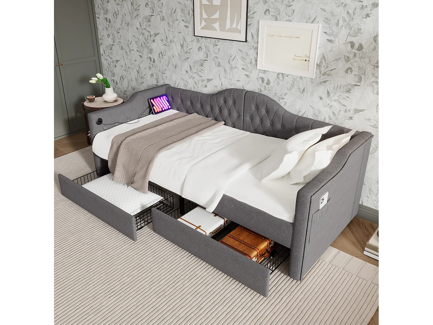 Eenpersoonsbed 90x190 cm - Kinderbed met USB-oplader en 2 lades - grijs linnen - zonder matras