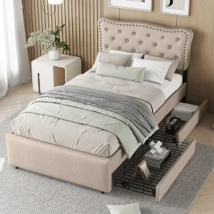 Eenpersoonsbed voor volwassenen 90×200 cm in donkerbeige linnen, met 2 lades en gecapitonneerd hoofdbord – zonder matras Eenpersoonsbed voor volwassenen 90×200 cm in donkerbeige linnen, met 2 lades en gecapitonneerd hoofdbord – zonder matras