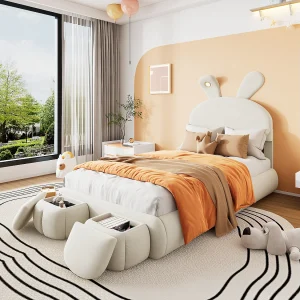 Eenpersoonsbed kind 90x200cm, beige fluweel met konijnenoren, LED en speels opbergruimte (zonder matras) Eenpersoonsbed kind 90x200cm, beige fluweel met konijnenoren, LED en speels opbergruimte (zonder matras)