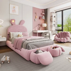 Enkelbed kind 90x200cm, in roze fluweel met konijnenoren, LED en speels opbergruimte (zonder matras)