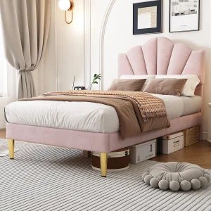 Eenpersoonsbed 90×200 cm in roze fluweel, schelp-stijl bed met gouden ijzeren poten (zonder matras)