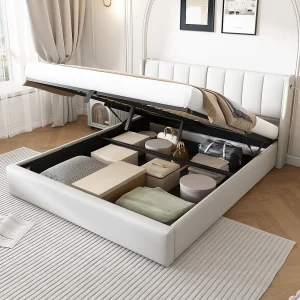 Dubbel opbergbed 160×200 cm, volwassen bed met LED, USB en verstelbare rugleuning in wit PU (zonder matras) Dubbel opbergbed 160×200 cm, volwassen bed met LED, USB en verstelbare rugleuning in wit PU (zonder matras)