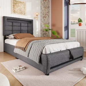 Eénpersoonsbed met opbergruimte voor volwassenen 90x200cm, in grijs linnen met LED-verlichting, USB-poort (zonder matras) Eénpersoonsbed met opbergruimte voor volwassenen 90x200cm, in grijs linnen met LED-verlichting, USB-poort (zonder matras)