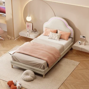 Eenpersoonsbed 90×200 cm – Kinderbed met wolkenhoofdeinde en LED-lichtstrip – beige fluweel
