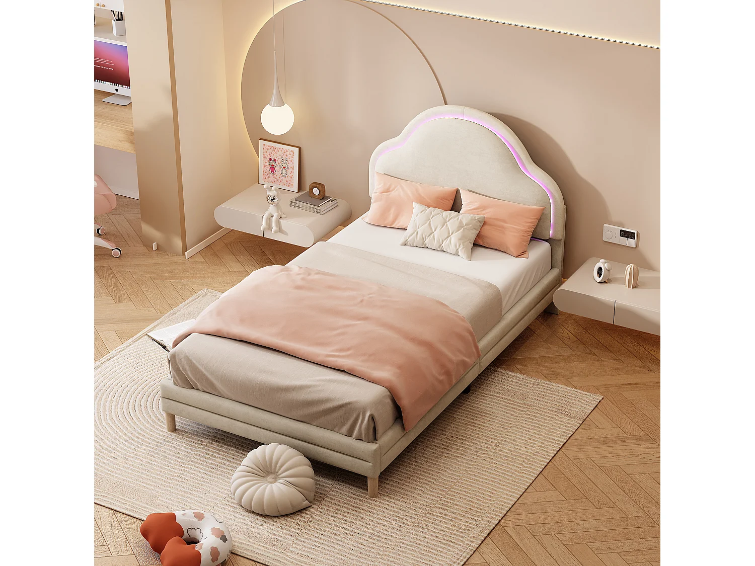 Eenpersoonsbed 90x200 cm - Kinderbed met wolkenhoofdeinde en LED-lichtstrip - beige fluweel