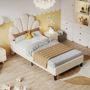 Eenpersoonsbed 90×200 cm – Kinderbed met bloemvormig hoofdbord en lattenbodem – beige fluweel
