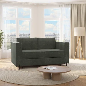 Express-driezitsslaapbank van groene stof met textuur, bed 140 cm, matras 14 cm, ELORYA Express-driezitsslaapbank van groene stof met textuur, bed 140 cm, matras 14 cm, ELORYA