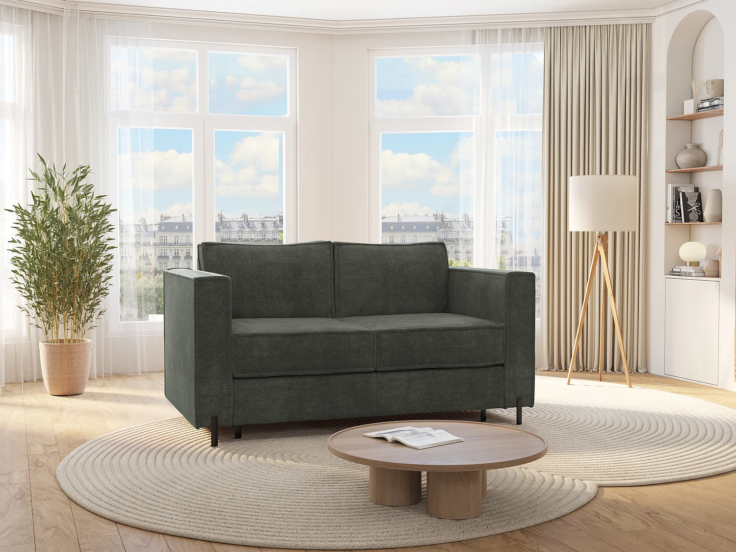 Express-driezitsslaapbank van groene stof met textuur, bed 140 cm, matras 14 cm, ELORYA