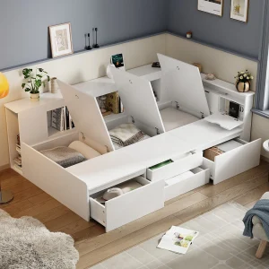 Kinderbed 90 x 200 cm met 4 lades, boekenkast en opbergmeubel – MDF-hout – kleur wit Kinderbed 90 x 200 cm met 4 lades, boekenkast en opbergmeubel – MDF-hout – kleur wit