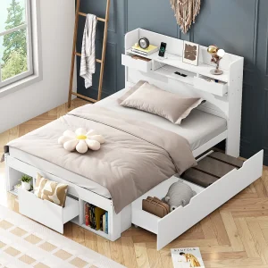 Bed 90 x 200 cm met 5 lades, USB-aansluiting en opbergvakken – grenenhout – kleur wit