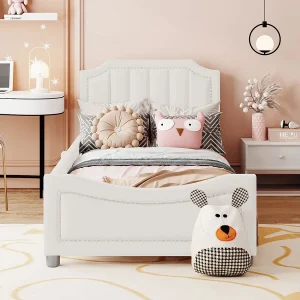 Eenpersoons kinderbed 90×200 cm beige van MDF, zonder matras Eenpersoons kinderbed 90×200 cm beige van MDF, zonder matras