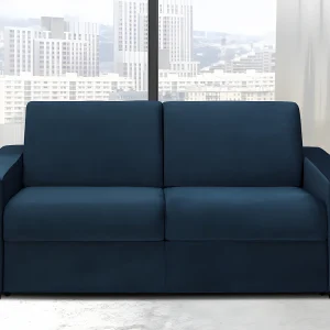 Snel omgebouwde slaapbank in blauw fluweel met 2 plaatsen en een matras van 14 cm CALITO Snel omgebouwde slaapbank in blauw fluweel met 2 plaatsen en een matras van 14 cm CALITO