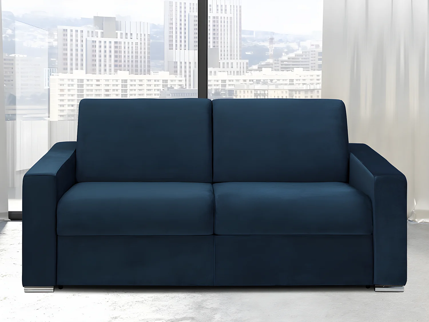 Snel omgebouwde slaapbank in blauw fluweel met 2 plaatsen en een matras van 14 cm CALITO
