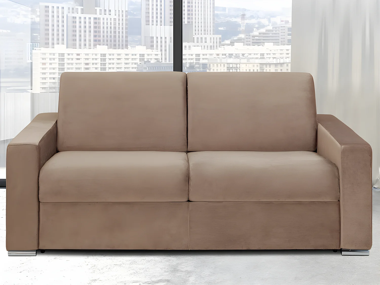 Snel omgebouwde slaapbank in beige fluweel met 2 plaatsen - matras van 16 cm CALITO