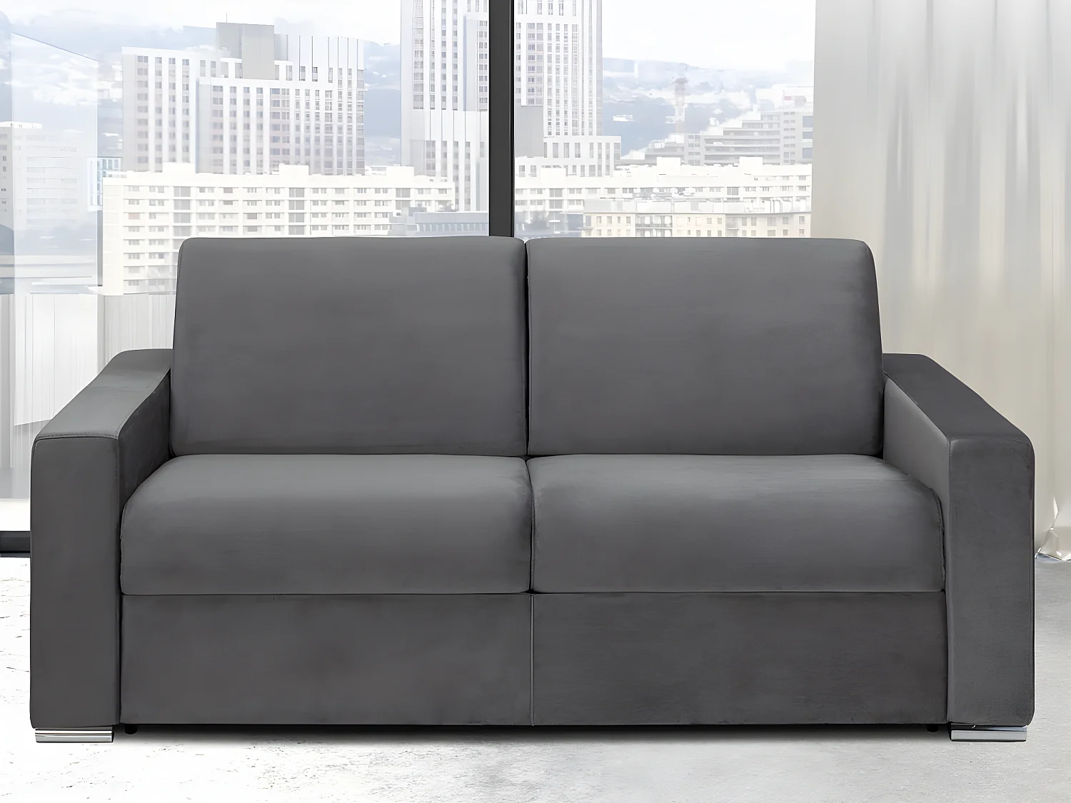 Snel omgebouwde slaapbank in donkergrijs fluweel met 3 plaatsen - matras van 14 cm CALITO