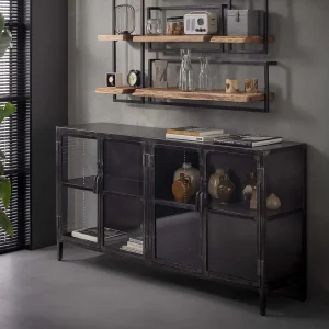 Dressoir Rift – 180cm – Zwart Metaal – 4 Deuren – Zwart