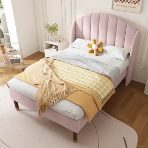 Eenpersoonsbed 90×200 cm met lattenbodem en hoofdbord, houten lattenbodem ondersteuning, roze fluweel (zonder matras)