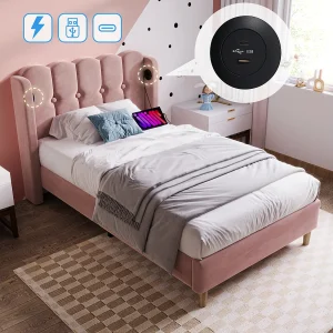 Eenpersoonsbed 90×200 cm met USB Type-C poort, frame met lattenbodem, in roze fluweel (zonder matras) Eenpersoonsbed 90×200 cm met USB Type-C poort, frame met lattenbodem, in roze fluweel (zonder matras)