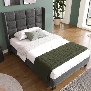 Eenpersoonsbed 90×200 cm met hoofdbord – lattenbodem – grijze linnenstof (zonder matras)