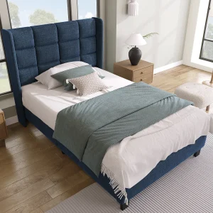 Eenpersoonsbed 90×200 cm – Gewatteerd hoofdeinde van blauw linnen (zonder matras)