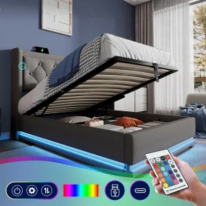 Eenpersoonsbed met opbergruimte 90×200 cm van grijs katoen, hoofdbord met USB Type-C en LED-verlichting aan 3 zijden (zonder matras)