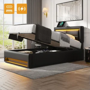 Eenpersoons opbergbed 90×200 cm met USB-poort, LED-verlichting, in zwart PU-leer (zonder matras) Eenpersoons opbergbed 90×200 cm met USB-poort, LED-verlichting, in zwart PU-leer (zonder matras)