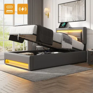 Enkel opbergbed 90×200 cm met USB-poort en LED-verlichting, grijs PU (zonder matras)