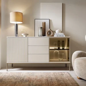 Dressoir met 3 laden en LED – 154 cm – grijs – TOSENA Dressoir met 3 laden en LED – 154 cm – grijs – TOSENA