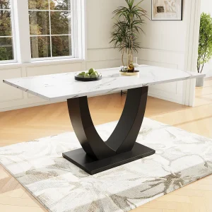 Eettafel voor 6 personen 140x75cm in MDF met verstelbare poten, wit marmerfineer met zwarte poot Eettafel voor 6 personen 140x75cm in MDF met verstelbare poten, wit marmerfineer met zwarte poot