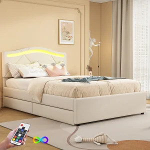 Eenpersoonsbed voor volwassenen 90×200 cm met LED-verlichting en 2 lades, lattenbodem, beige linnen, zonder matras Eenpersoonsbed voor volwassenen 90×200 cm met LED-verlichting en 2 lades, lattenbodem, beige linnen, zonder matras