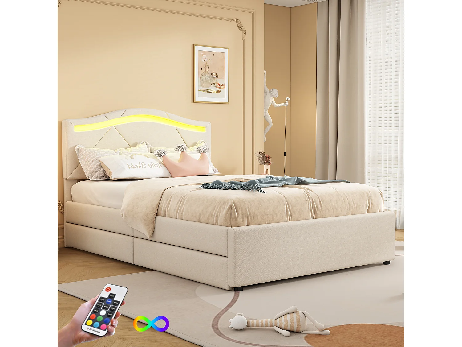 Eenpersoonsbed voor volwassenen 90x200 cm met LED-verlichting en 2 lades, lattenbodem, beige linnen, zonder matras