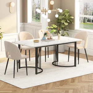 Eettafel voor 6 personen 140x80cm in MDF, blad van wit marmerfineer, poten van zwart metaal Eettafel voor 6 personen 140x80cm in MDF, blad van wit marmerfineer, poten van zwart metaal