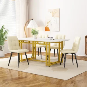 Eettafel voor 4 personen 120x70cm in MDF, blad van wit marmerfineer, poten van goudkleurig metaal Eettafel voor 4 personen 120x70cm in MDF, blad van wit marmerfineer, poten van goudkleurig metaal