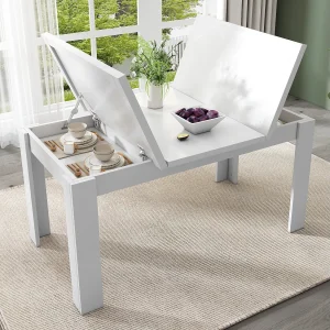 Eettafel voor 6 personen 120x70cm van MDF met verborgen opbergruimte, wit Eettafel voor 6 personen 120x70cm van MDF met verborgen opbergruimte, wit