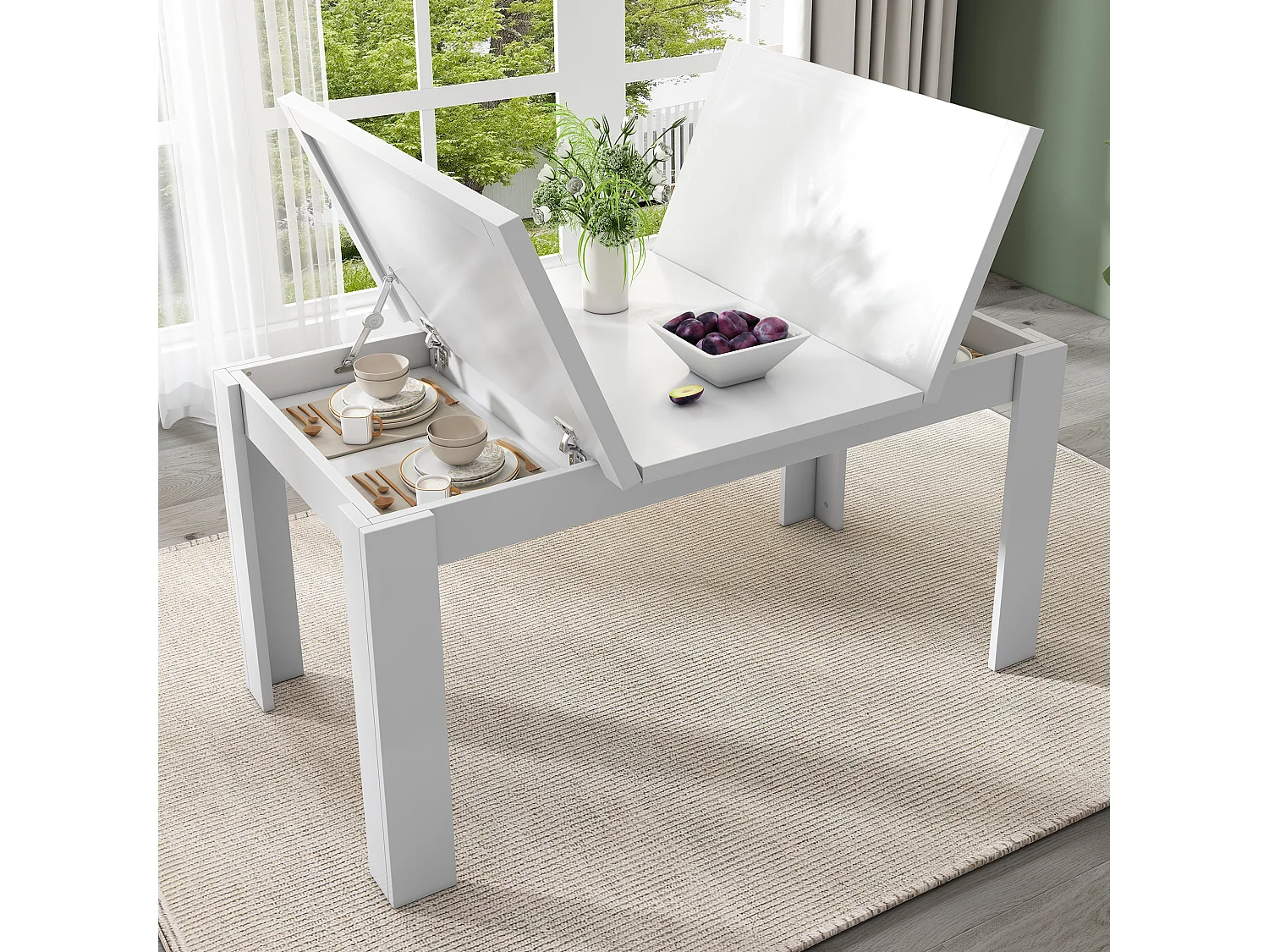 Eettafel voor 6 personen 120x70cm van MDF met verborgen opbergruimte, wit