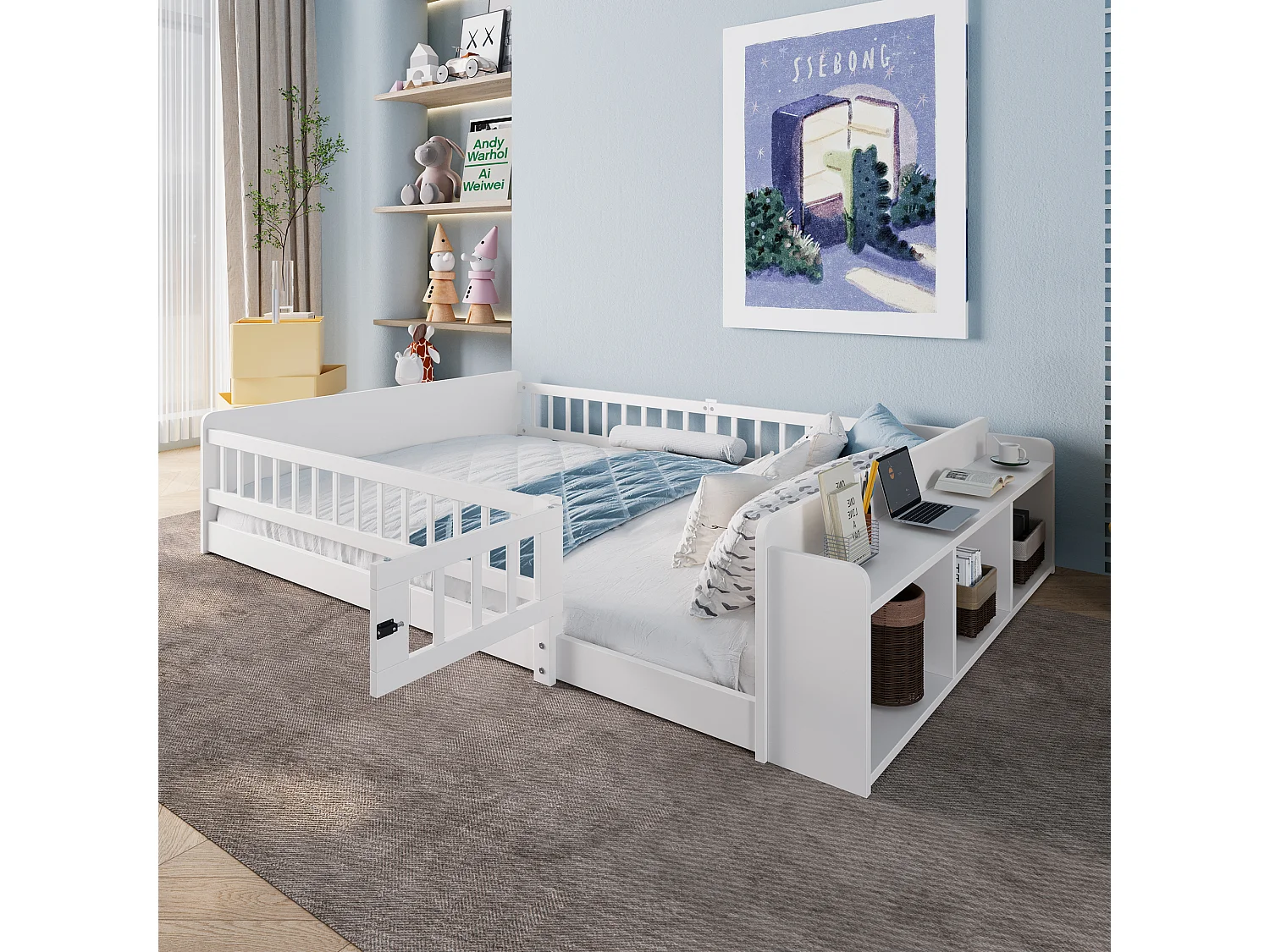 Eenpersoonsbed kinderbed - 90 x 200 cm - met open opbergruimte - grenen - wit