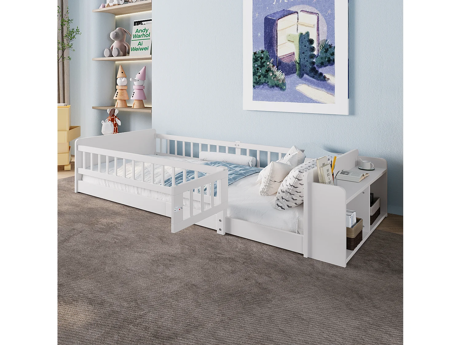 Eenpersoonsbed kinderbed - 90 x 200 cm - met open opbergruimte - grenen - wit