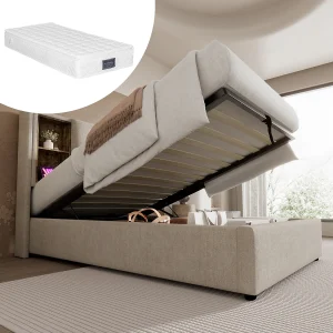 Eenpersoonsbed met opbergruimte – 90 x 200 cm – met draadloos opladen via USB – met matras – linnen stof – natuurlijk