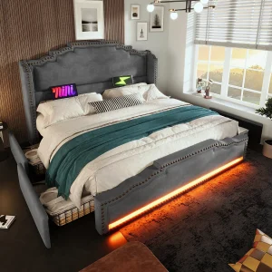 Dubbel gestoffeerd opbergbed – 160 x 200 cm – met LED's + USB-C + 4 lades – fluweel – grijs