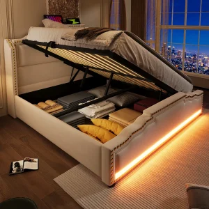 Dubbel gestoffeerd opbergbed – 140 x 200 cm – met LED's + USB-C – fluweel – beige